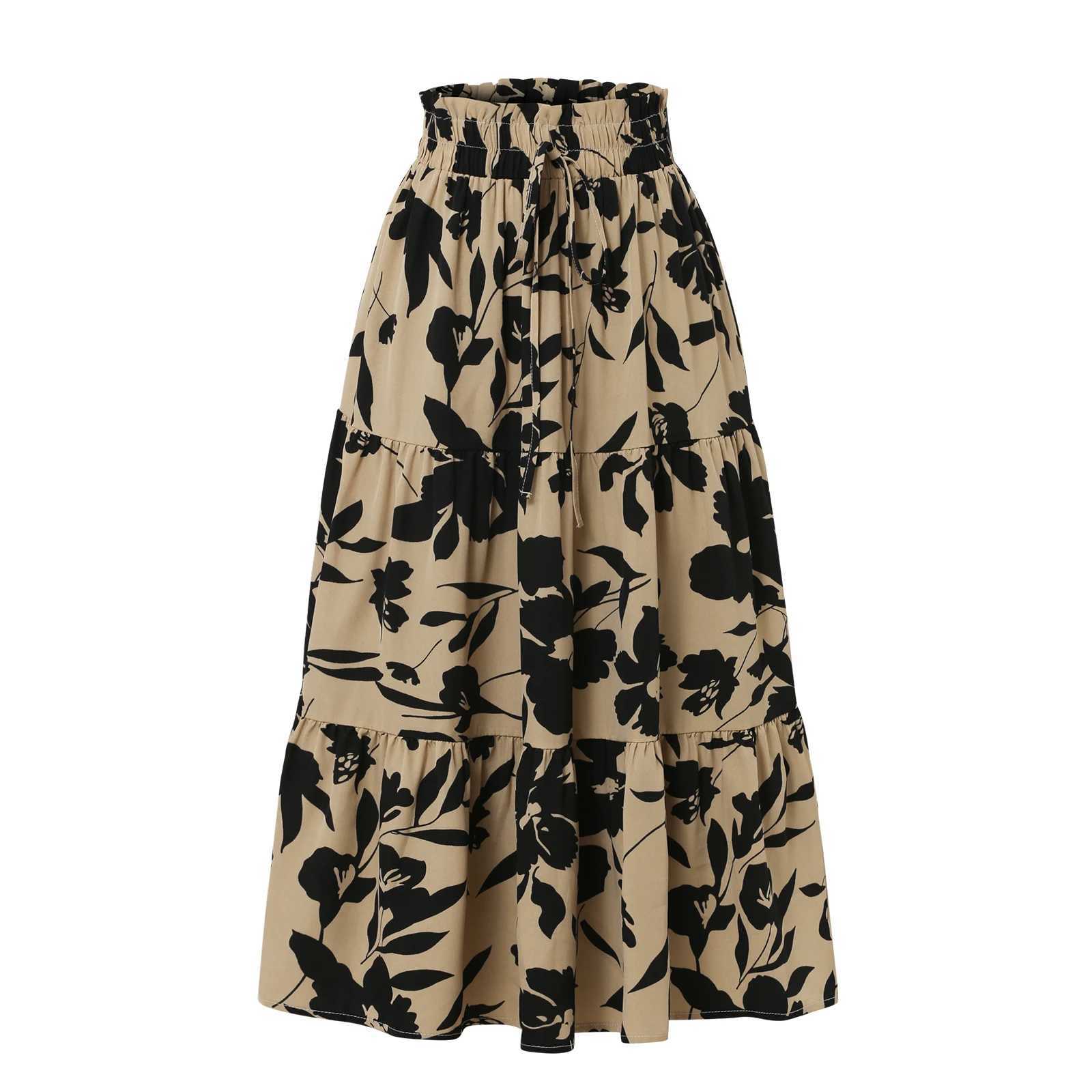 Womens Maxi Skirt Elegant Botanical Print a Line Long Half Skirt with Elastic Waist Perfect for Casual Wear M260316