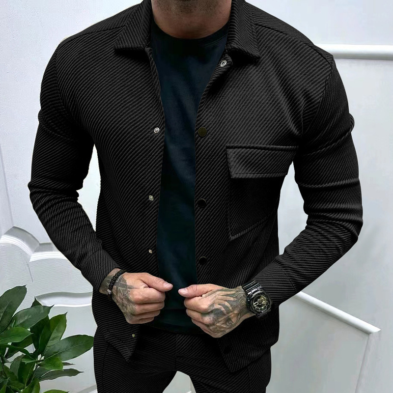 European And American Autumn Casual Men's Heavyweight Designer Jacket Twill Collar Long Sleeve Top European And American Singlebreasted Solid Color Slim