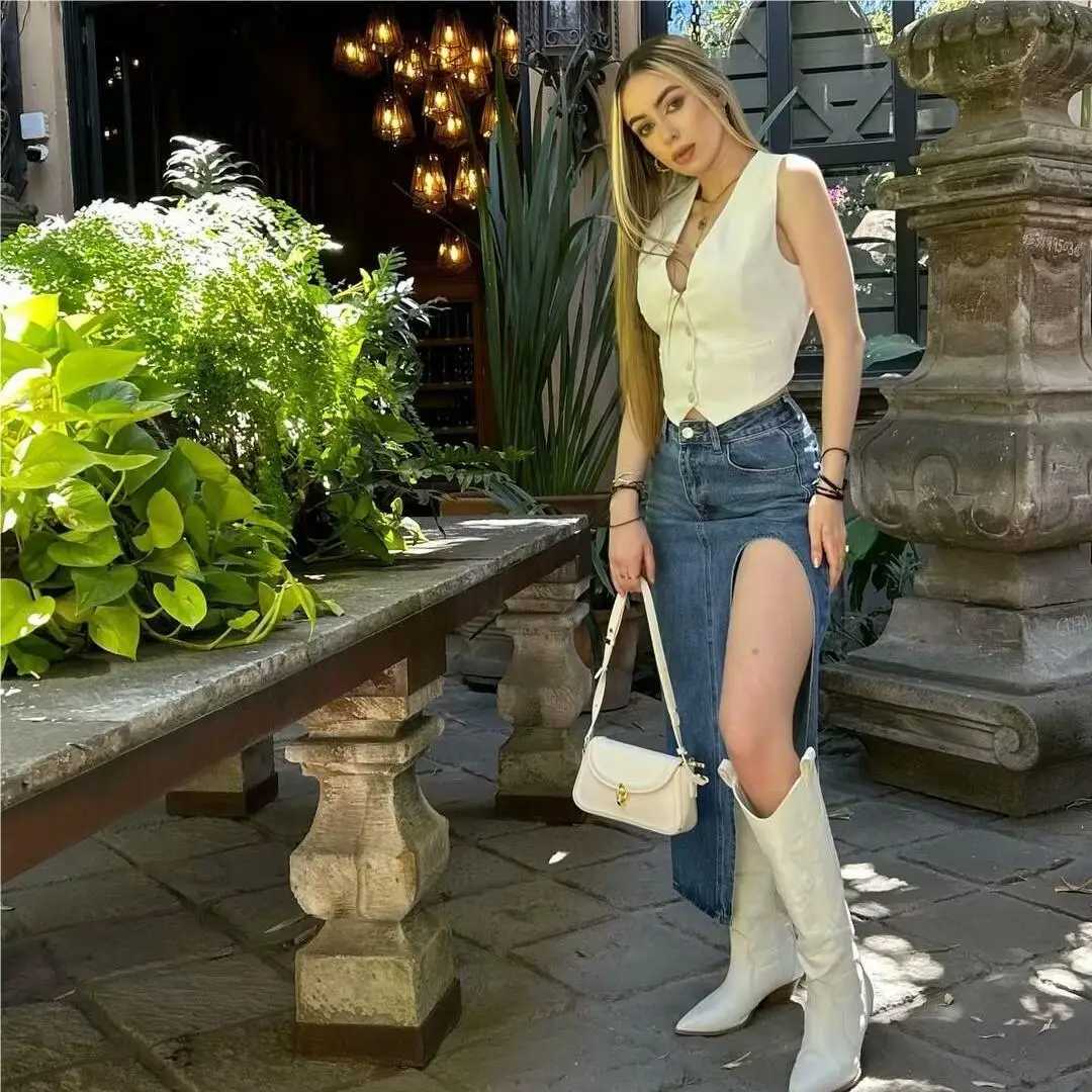 2024 Summer Midi Skirts Vintage Clothes Sexy Skirts For Women Blue Jeans Skirt High Waisted Denim Skirt Split Thigh Denim Skirt M260316