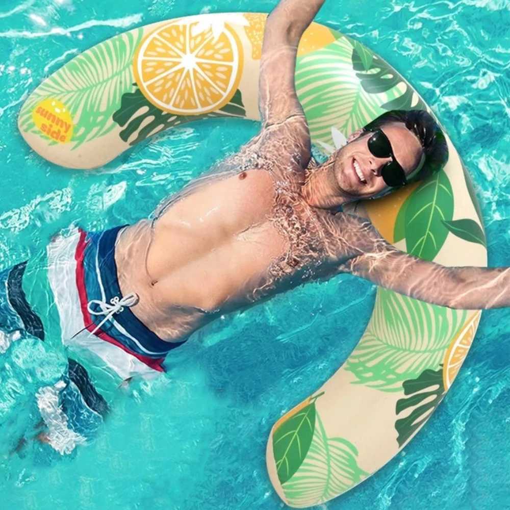 Inflatable Lemon Tropical Leaf Print Pool Float Adult Size Swimming Ring for Summer Beach Pool Party Water Fun M260316