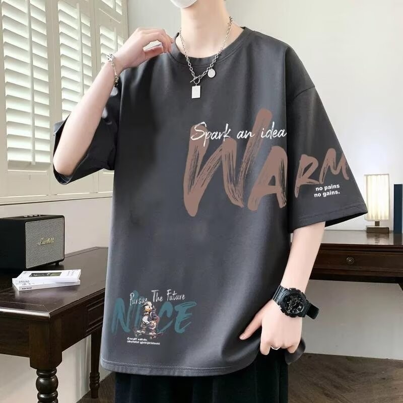 2026 Summer Cotton Short Sleeve T-Shirts for Men, American Ins Style Loose Fit Tees, Plus Size Basic Tops, Trendy Brand