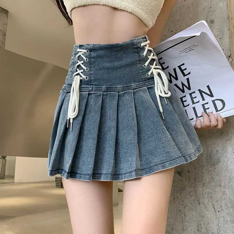 Denim Pleated Skirts Women Cute Lace-up Chic ish Summer Mini Skirt Korean Style Fashion Sexy High Waist Streetwear College M260316
