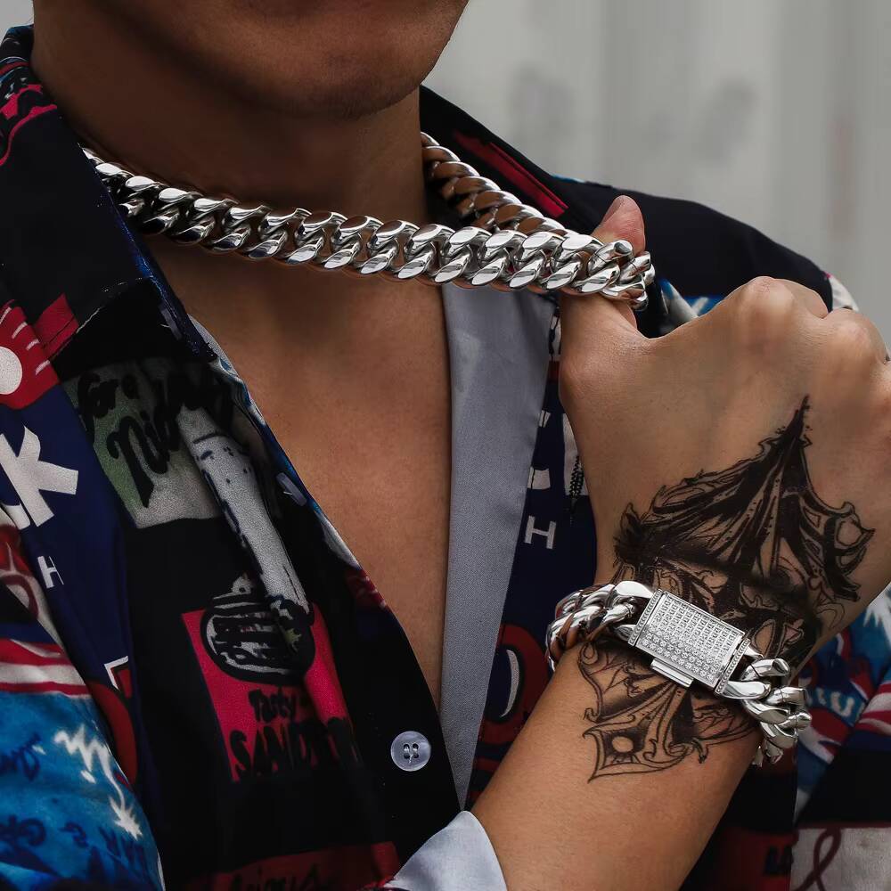 KRKC Hot Sale 18mm Titanium Stainless Steel CZ Buckle Rhodium 18k Gold Plated Hip Hop Men Necklace Big Punk Cuban Link Bracelet