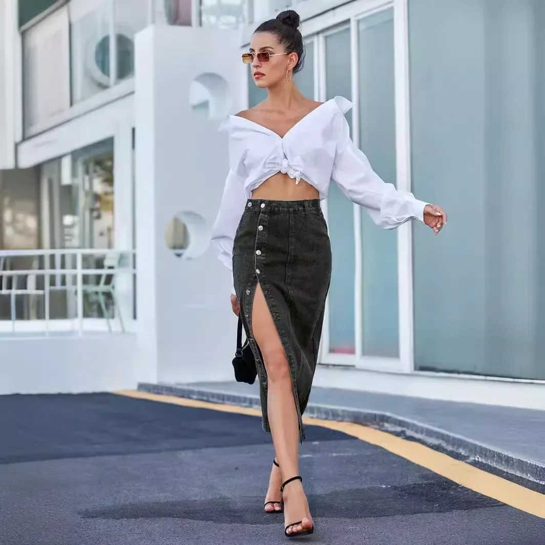 Casual Maxi Denim Skirts For Women Summer 2024 Fashion BlaCK Jeans Dress Long Y2k Skirt a01 M260316