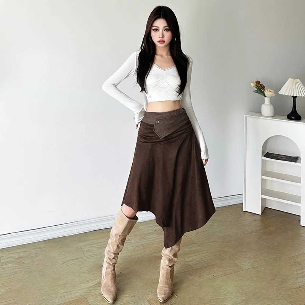 SylCue Casual Fashion Mid Skirts Woman Elastic Waist Ruched Irregular Hem Street Versatile Style Elegant SiMple Basic Bottoms M260316