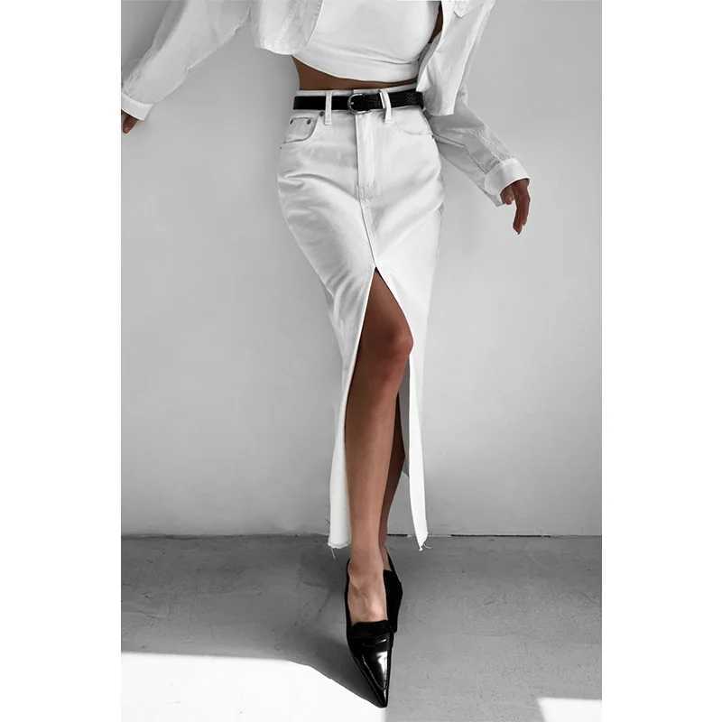 High Waist Slit Hot White Skirt New Summer Street Fashion And Versatile Long Denim Skirt For Europe And America M260316