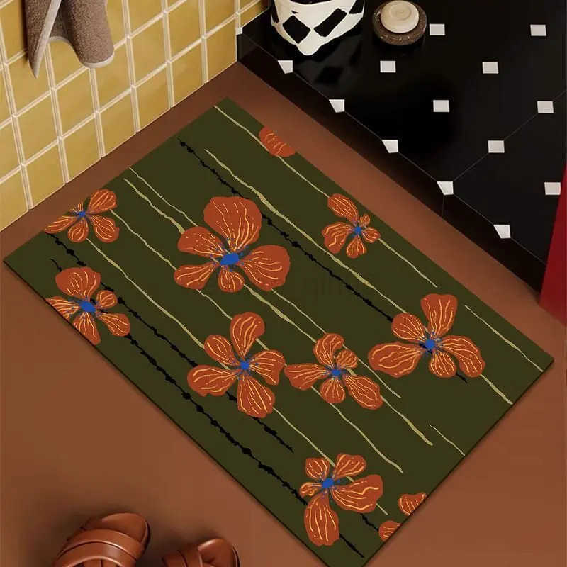 Retro Floral Diatom Mud Bath Mat Super Absorbent Fast Drying Bathroom Rug Non-Slip Soft Shower Carpet for Home Decor H260316