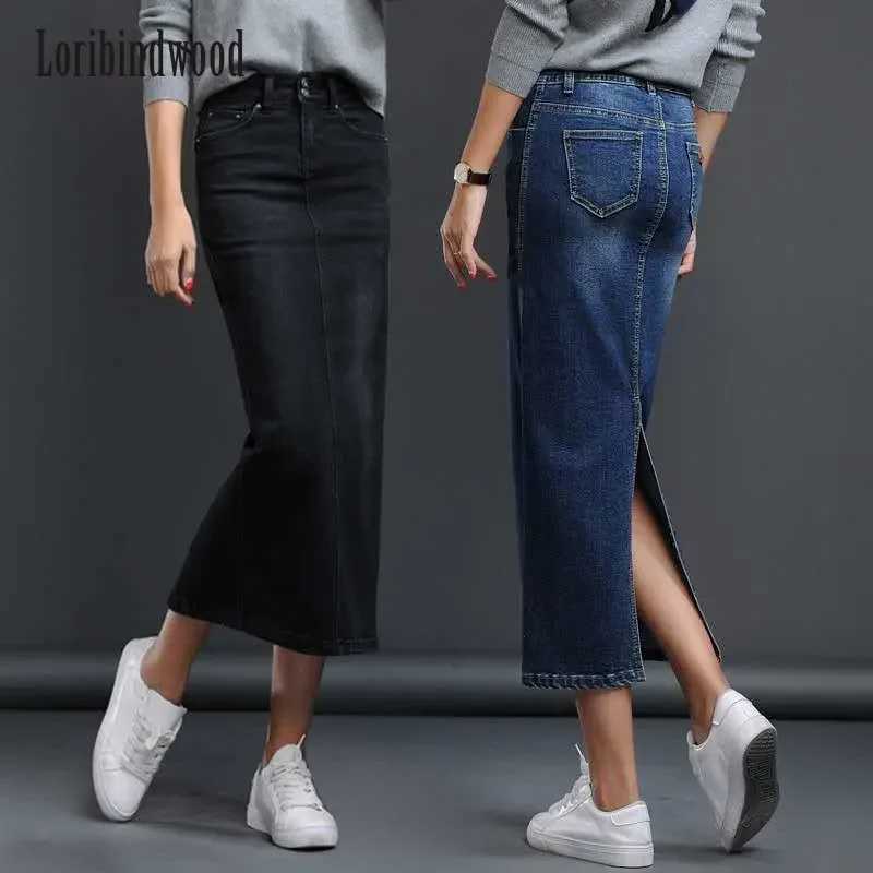 Classic Denim Women 2023 Long Jean Skirt High Waist Pencil Skirt Ladies Stretch Black Blue Faldas Largas Jupe Longue Femme M260316
