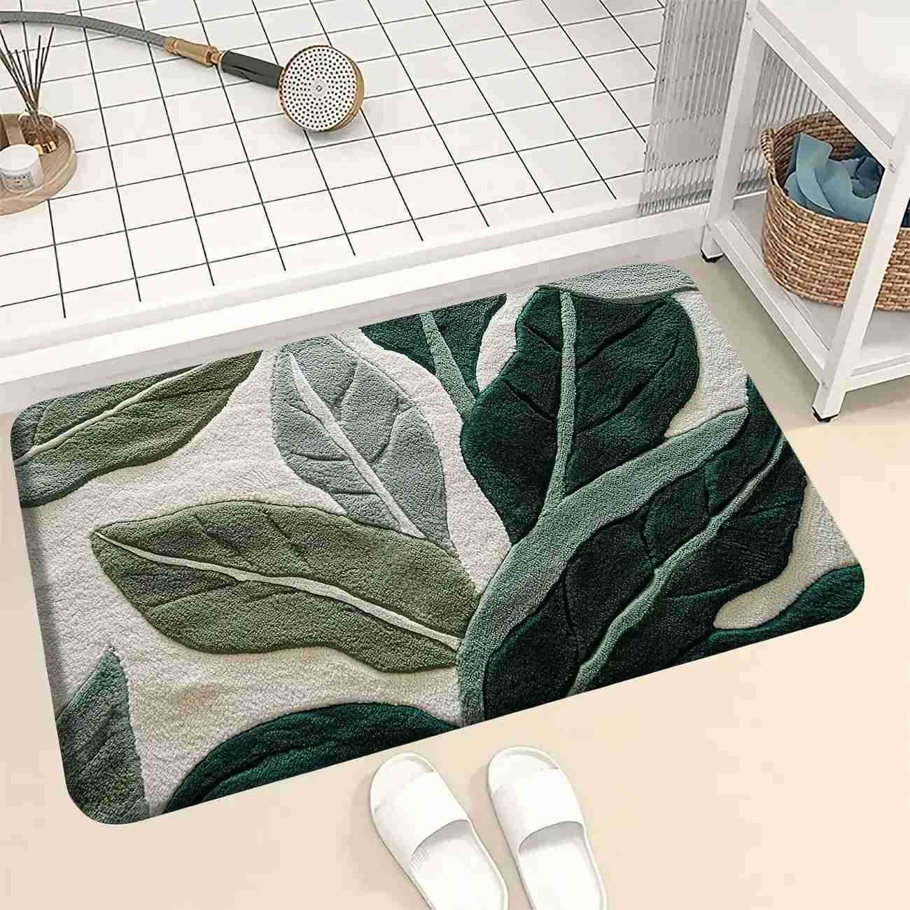 3pcs Abstract Green Leaf Print Bathroom Rug Set - U-Shaped Toilet Mat Bath Mats Soft Flannel Non-Slip Bath Mat with Elegant H260316
