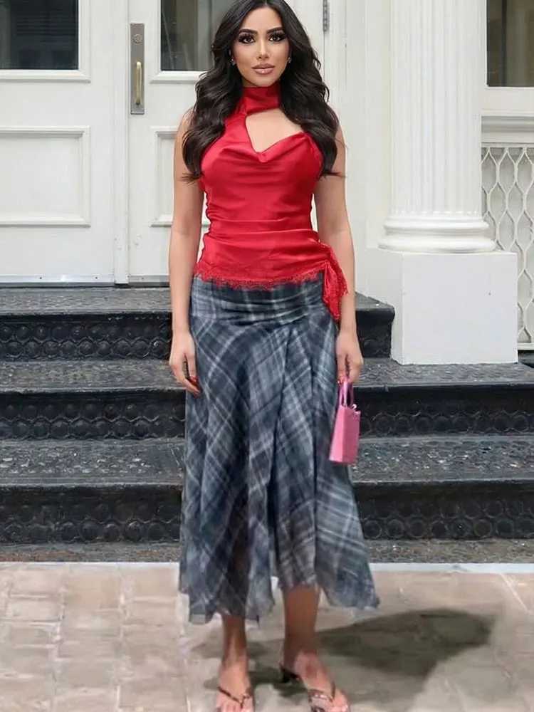 HH Women Vintage Plaid Midi Skirt Irregular Hem High Waist Pleated Skirts Female Casual Fashion High Street Lady Chic Skirts M260316