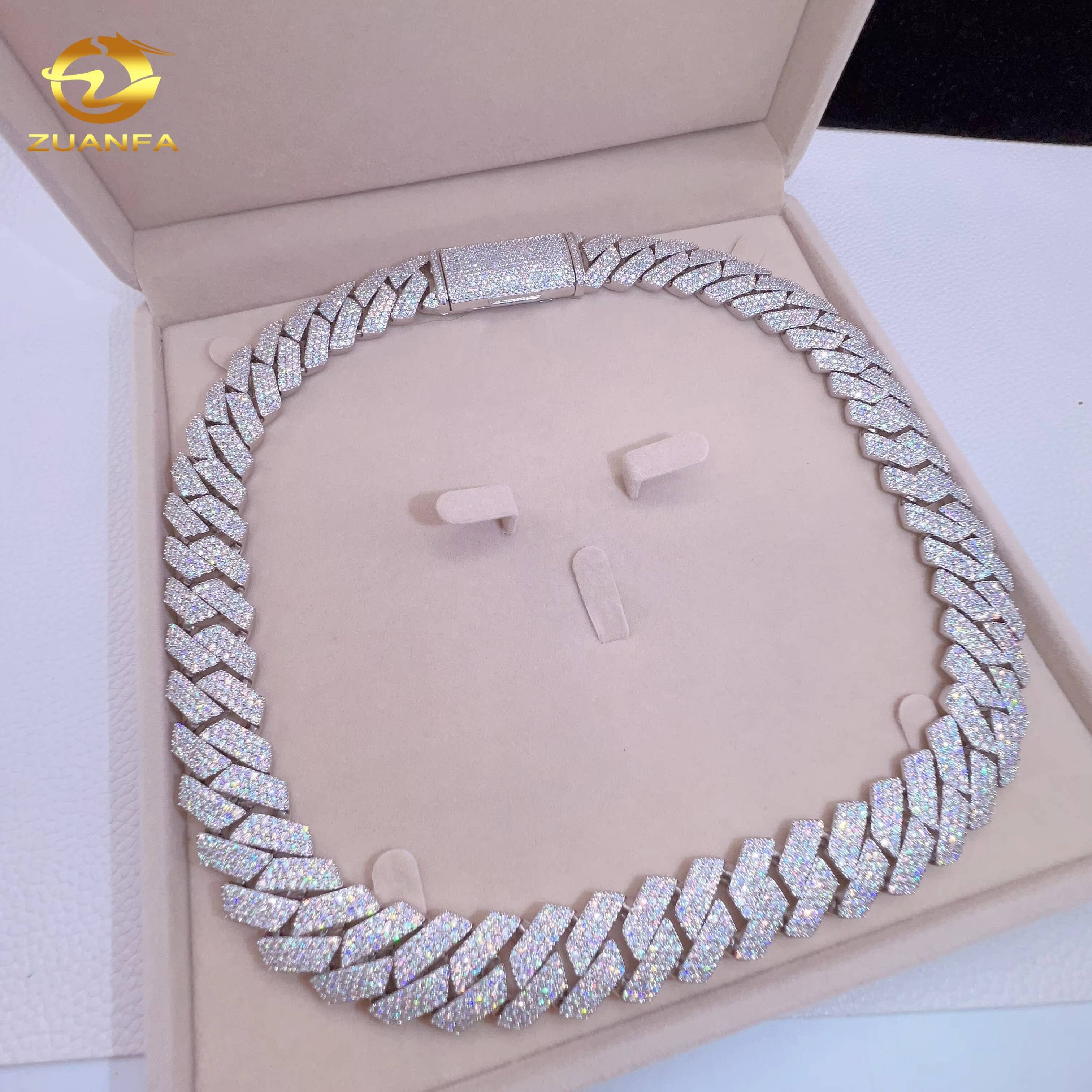 Pass Diamond Tester Gold Plated VVS Moissanite Luxury 925 Sterling Silver Hip Hop Diamond 15MM Width Cuban Link Chain