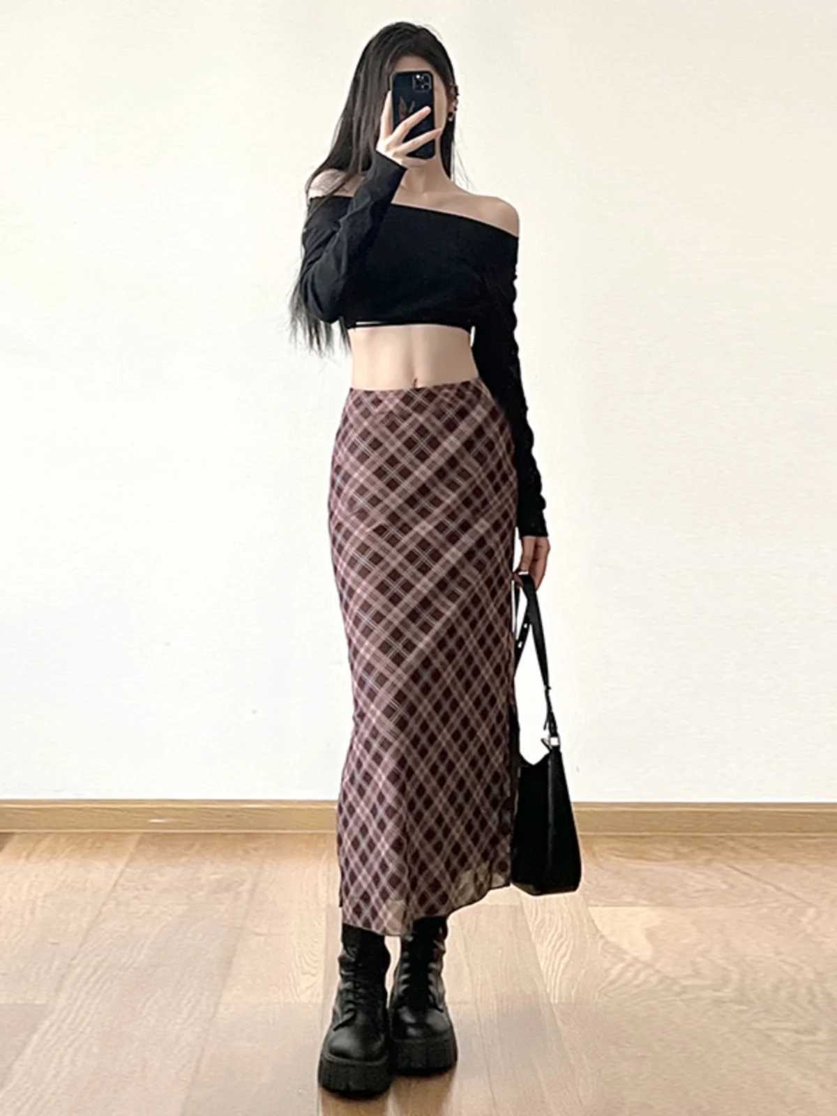 High Waist Plaid A-Line Skirt Womens Design Slimming Split Straight Cut Autumn College Sle Retro Street Faion M260316