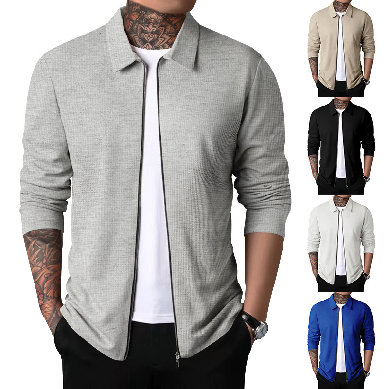 Men's New Autumn Jacket Cardigan Zipper Coat Casual Men's Designer Jacket Long Sleeve Collar Waffle Jacket