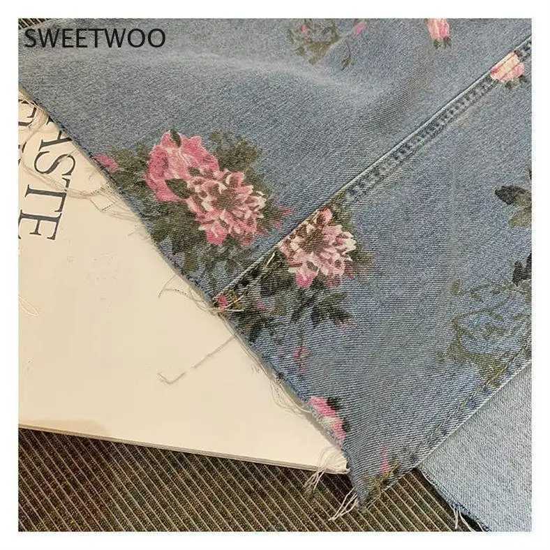 Streetwear Vintage Flowers Print Long Denim Skirts Summer 2021 High Waist Slim Sexy Open Split Straight Skirt Jeans Saias Female M260316