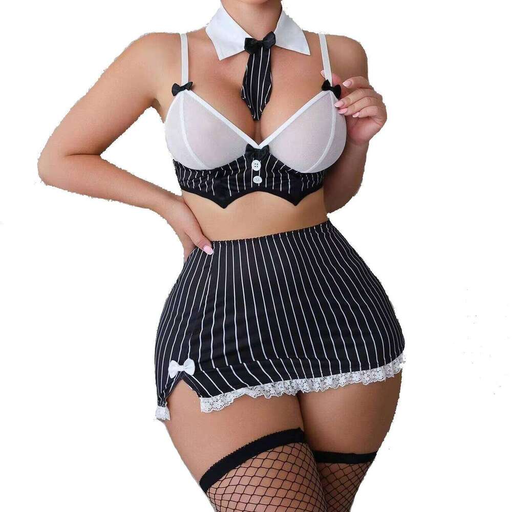 High Quality Sexy Striped Bow Tie Miniskirt Uniform Costume Seductive Erotic Lingerie Set