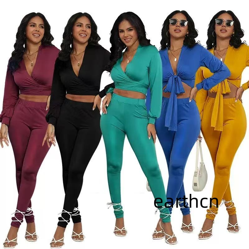 Casual Two-Piece Ensemble: Fashionable Bandaged Cropped Sweatshirt Matching Trousers