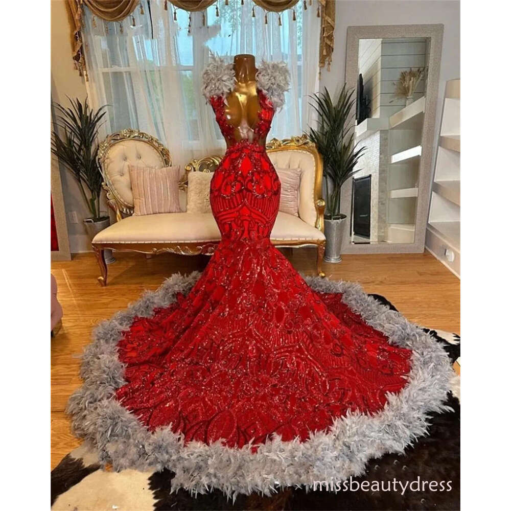 Brand Lace Mermaid Evening Gowns Girls - Red Grey Sequined Feather Prom Dresses for Birthday Party