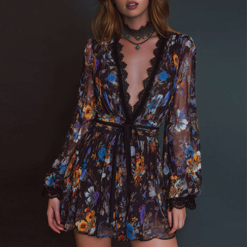 Vintage Floral Printed Pleat Mini Dress for Women Elegant Lace Spliced Sexy Deep-V Long Sleeve Party Dress Summer Chiffon Dress