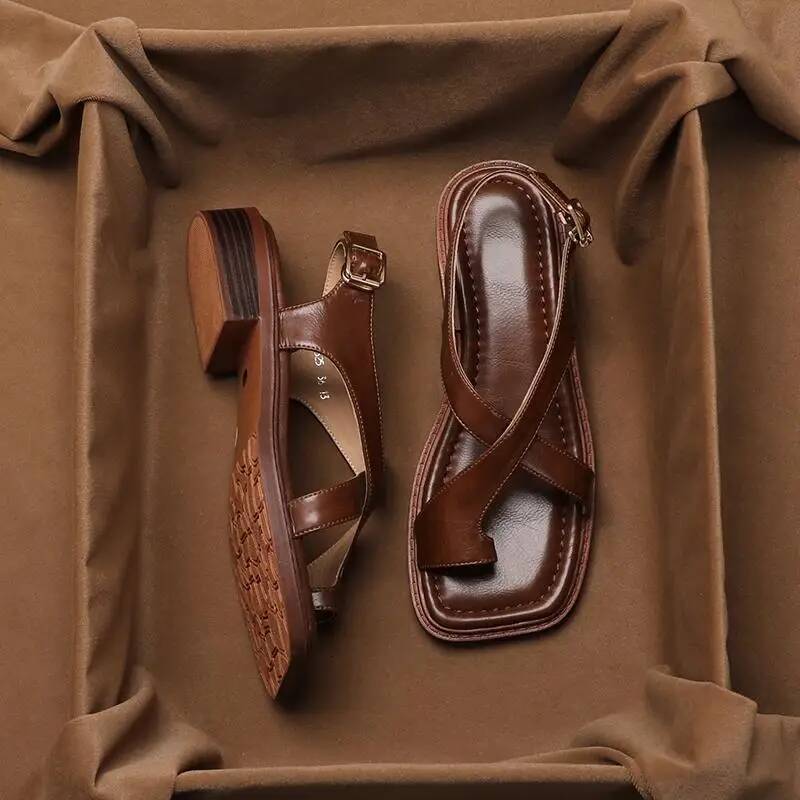 Women's Retro French Style Clip Square Toe Buckle 2026 Sandals Comfortable Soft Sole Simple Versatile Sandalias