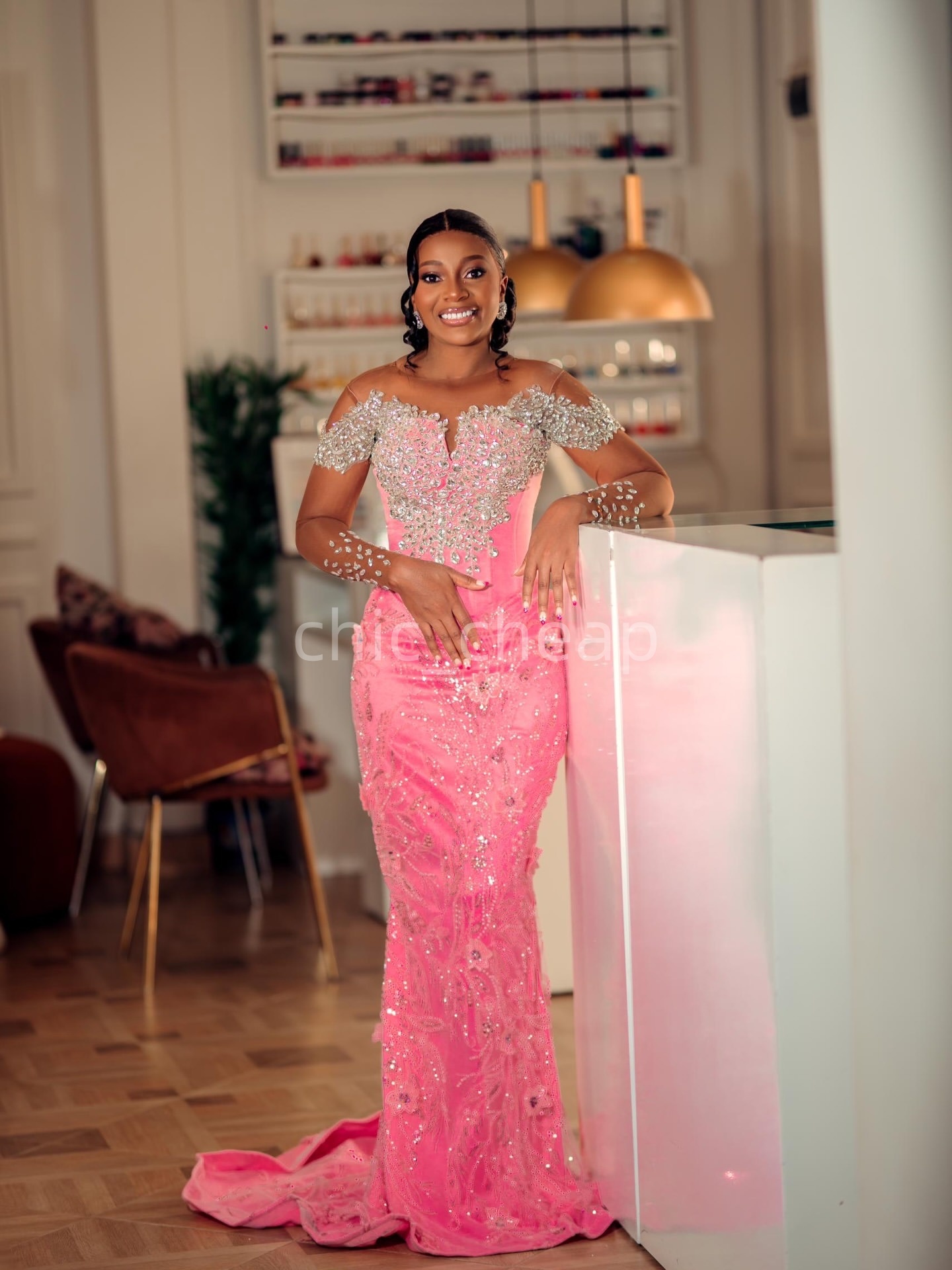 2K26 Pink Prom Dress 2026 Mermaid Prom Dress Beaded Crystals Floral Lace Sheer Neck Evening Dresses Birthday Party Formal Receiption Gowns Dresses ZJ0