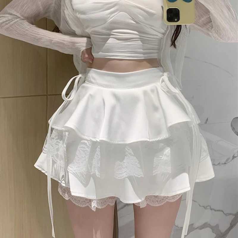 Y2K Sweet Solid Women Mini Skirt Summer High Waist Lace Patchwork Ladies Gown Fashion All Match Ruffles Female Skirt M260316