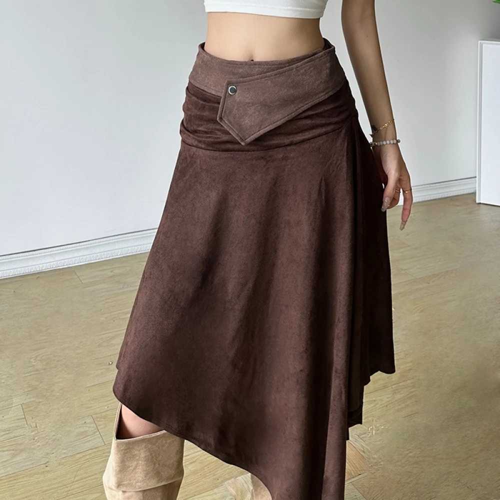 SylCue Casual Fashion Mid Skirts Woman Elastic Waist Ruched Irregular Hem Street Versatile Style Elegant SiMple Basic Bottoms M260316