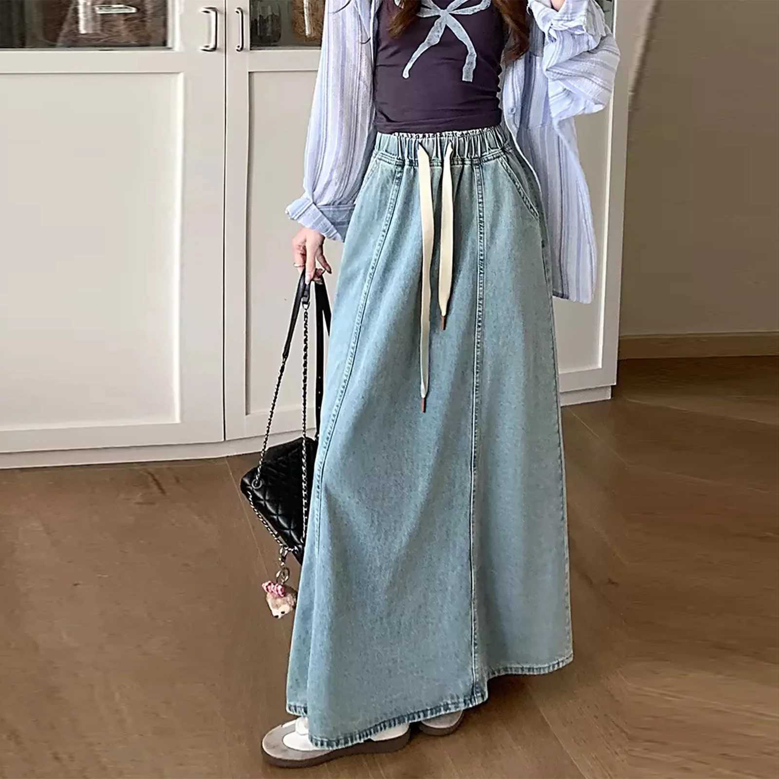 Fashion Womens Denim Long Skirts Elastic Drawstring High Waist A Line Flare Jean Skirt for Spring Fall Y2K Streetwear M260316