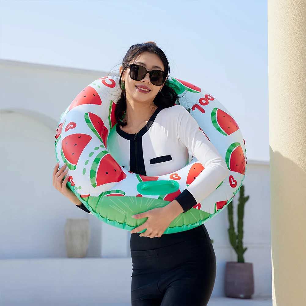 Inflatable Swim Ring Pool Floating Rings Leakproof Blow Up Swim Tube Watermelon Pattern Striped Pool Rings for Kids Youth Adults M260316