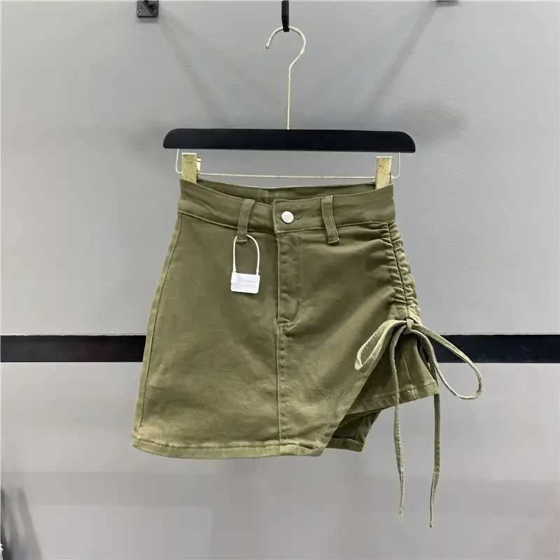 Pink denim skirt female 2024 summer new design sense irregular drawstring casual fashion temperament slim A-line skirt M260316