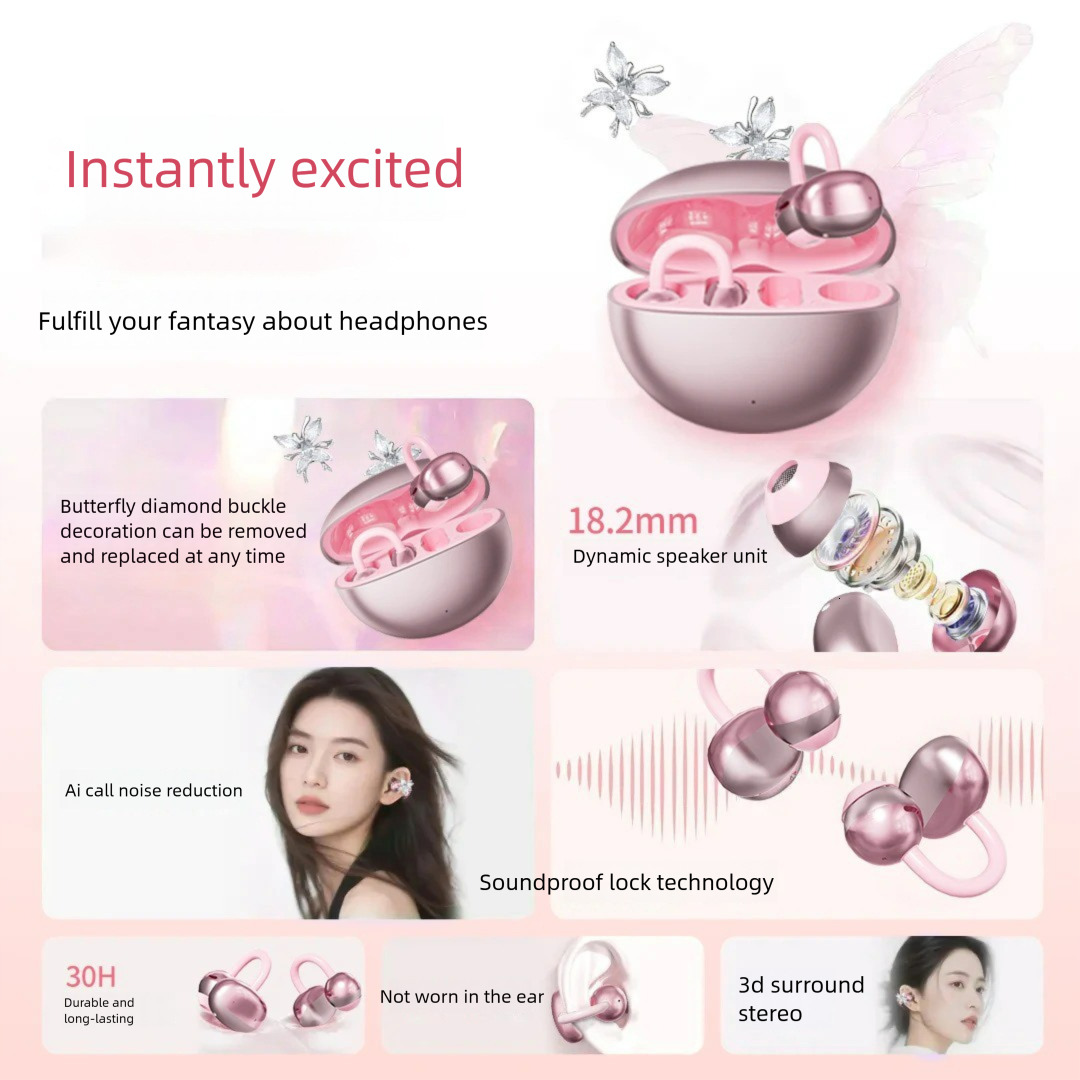 Ear Buds Headphones Comfortable Clip Bluetooth Earphones Noise Cancelling Sports Long Battery Life High Appearance Women's Ear Accessories