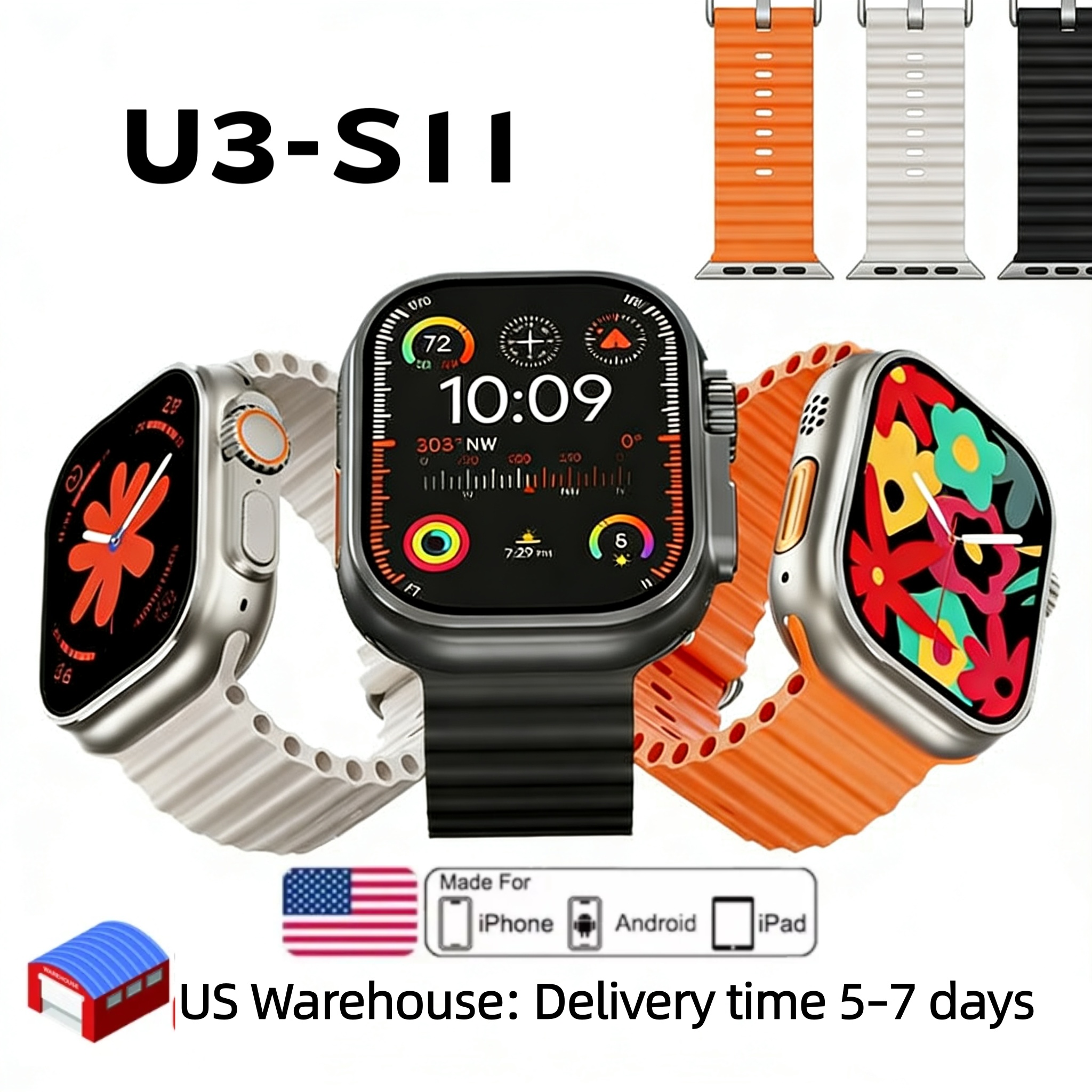 Compatible with Apple Watch U3 and S11 46mm/49mm bands; features message notifications, health monitoring, and supports Bluetooth connectivity.