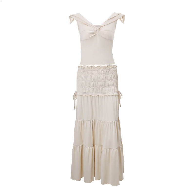 3D Flower Strapless Top Twisted Long Skirt Set Slim Fit Vest Blouse Ribbon Lace Up High Waist Crop Yarn Wrap Hip Skirts Women 250711