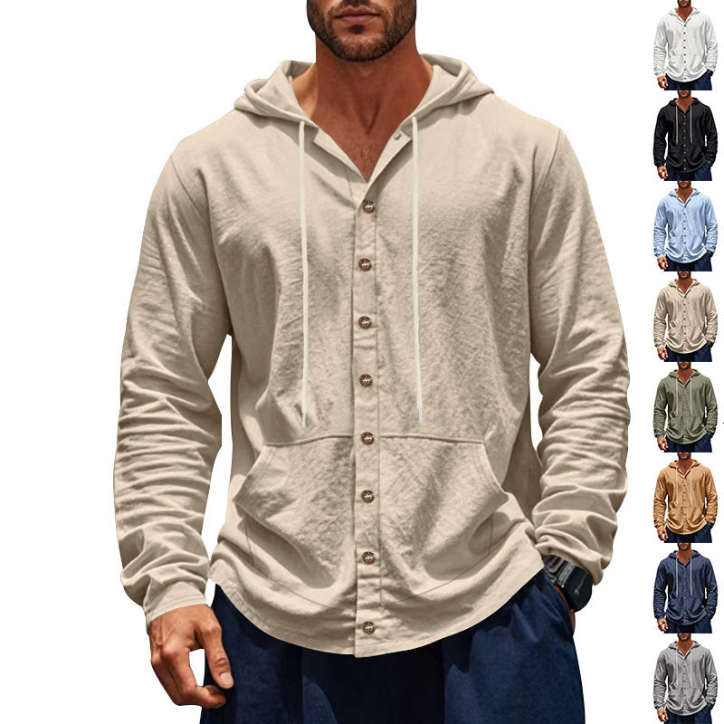 Spring And Autumn American Style Loose Designer Hoodie Men's Shirt Loose Linen Casual Simple Polo Beach Hooded Designer T-shirt Long Sleeve Shirt