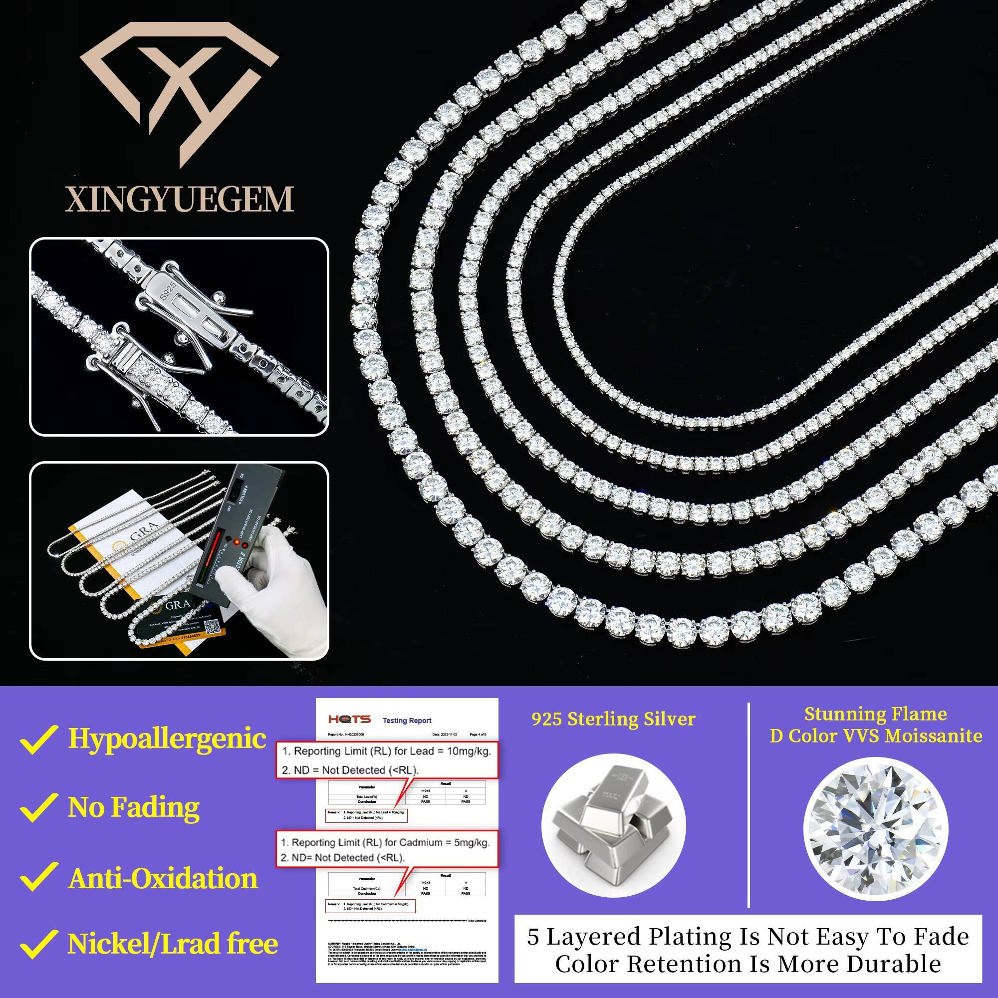 Ready to Ship Fashion 925 Silver Iced Moissanite Tennis Necklace and Bracelet 2mm-65mm Sizes Available