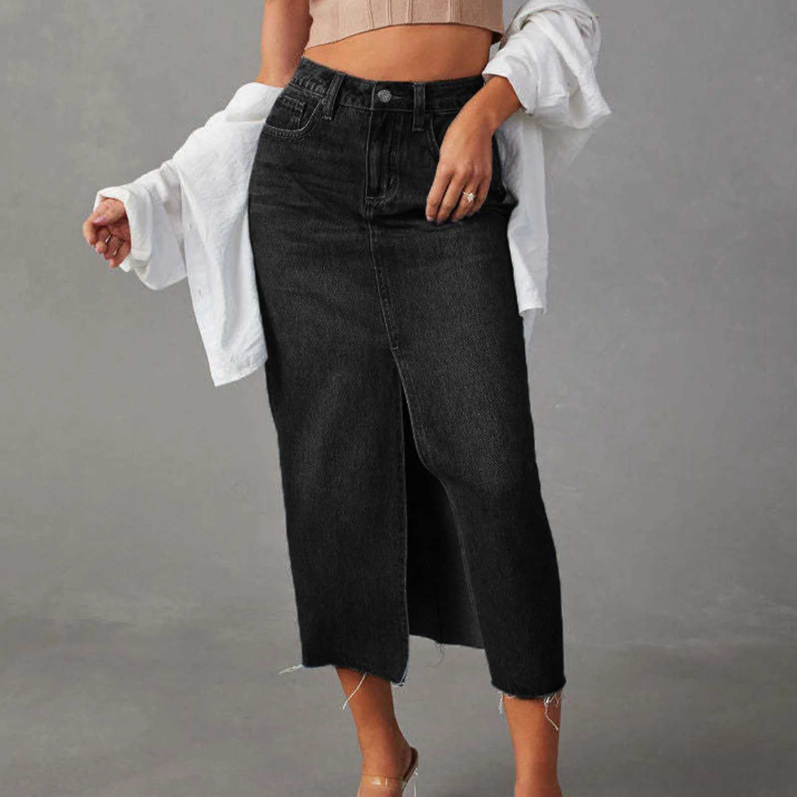 2024 Summer Midi Skirts Vintage Korean Style Skirts For Women Black Blue Jeans Skirt High Waisted Denim Skirt Front Slit M260316