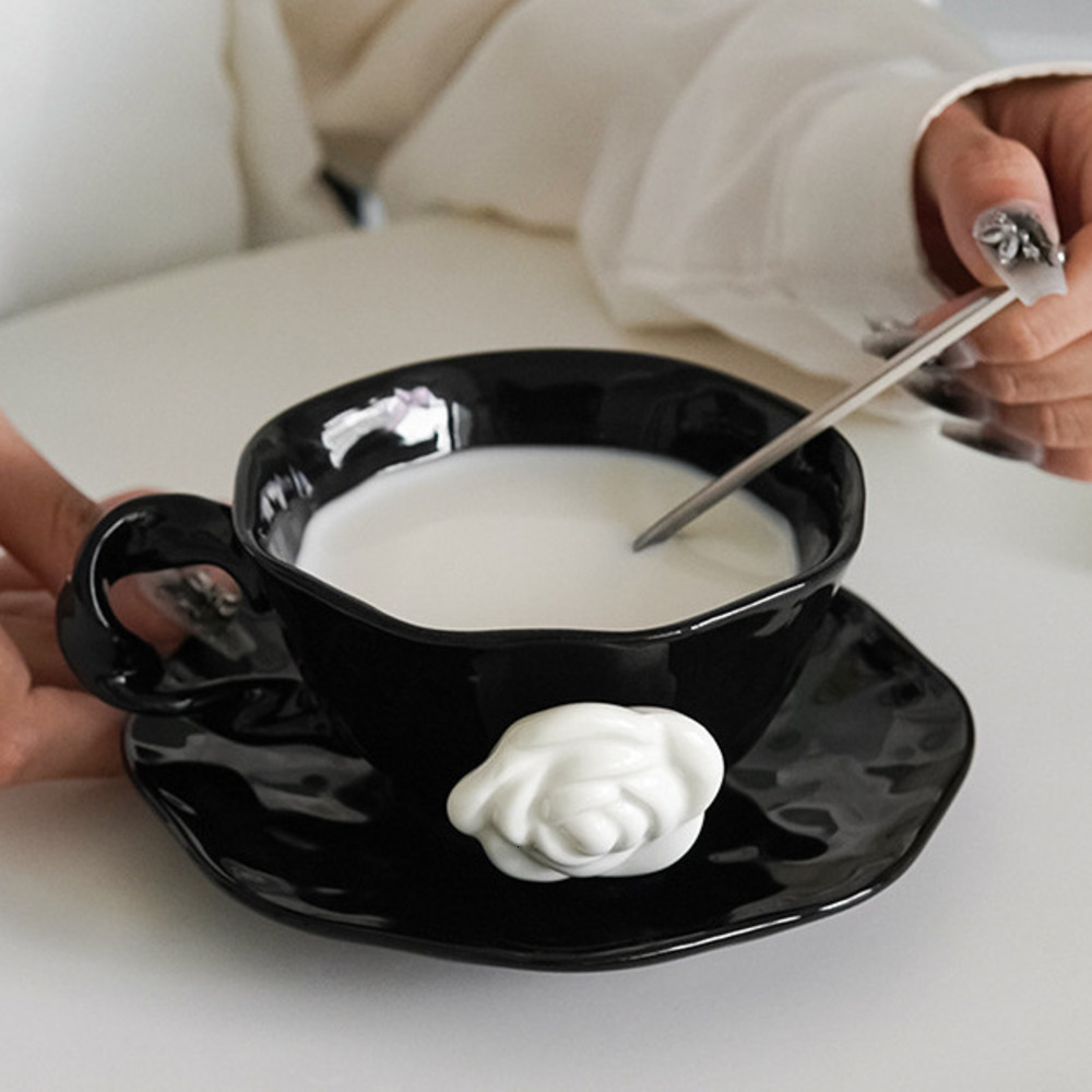 Eight-Sided Camellia and Saucer 1 Piece Cup High-End Exquisite Gift Ceramic Breakfast Oat Milk Mug