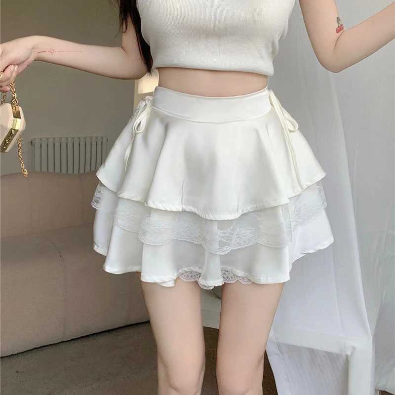 Y2K Sweet Solid Women Mini Skirt Summer High Waist Lace Patchwork Ladies Gown Fashion All Match Ruffles Female Skirt M260316