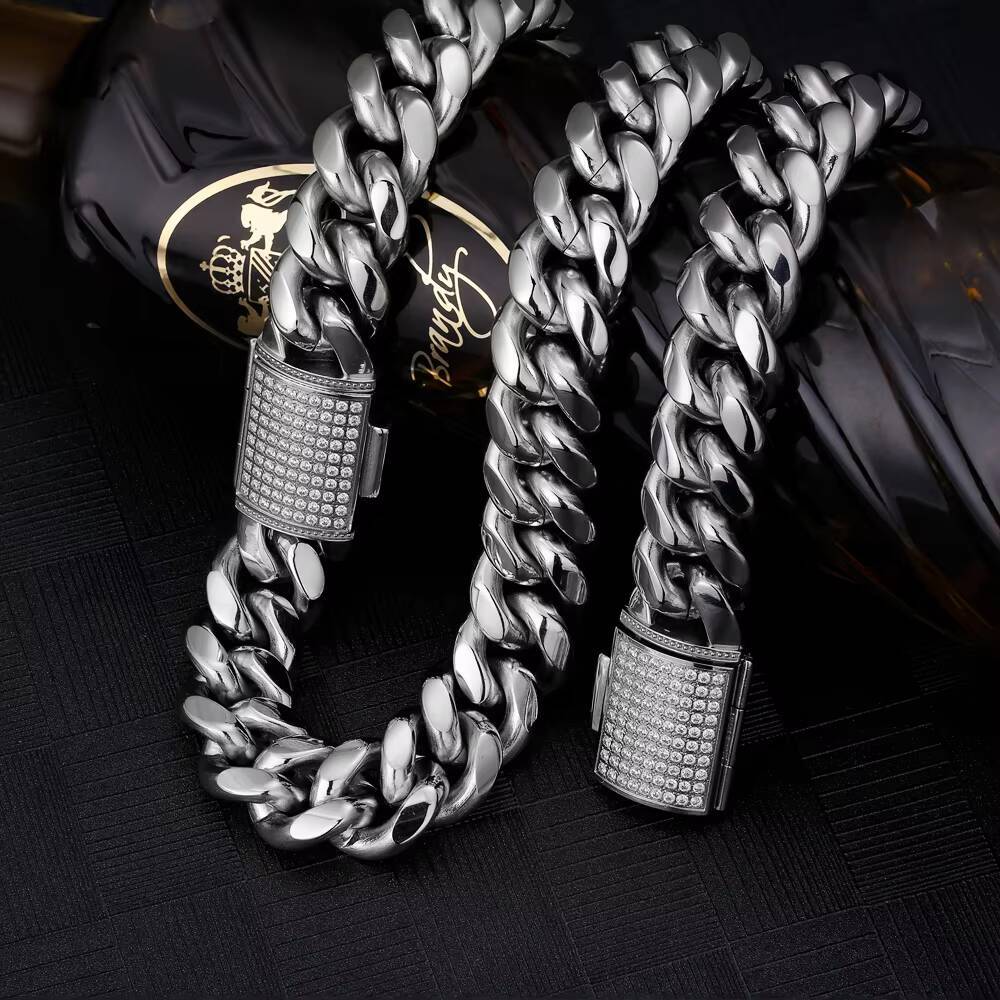 KRKC Hot Sale 18mm Titanium Stainless Steel CZ Buckle Rhodium 18k Gold Plated Hip Hop Men Necklace Big Punk Cuban Link Bracelet