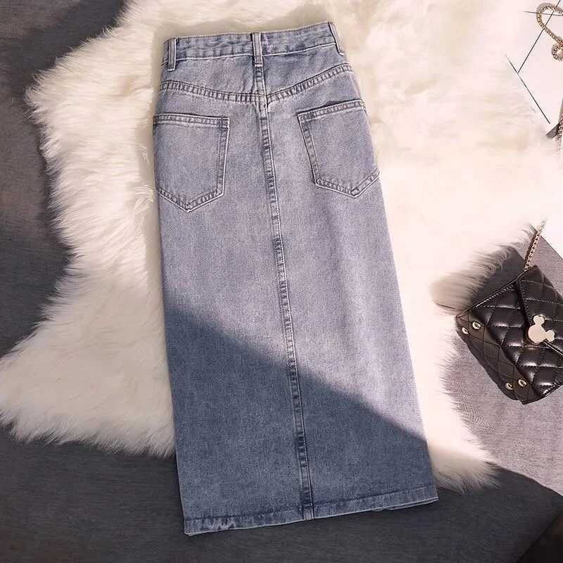 Denim Skirts Women High Waist Vintage Distressed Slim Long Hip-skirt A-line Elegant Fashion Side Slit Pockets Harajuku Modern OL M260316