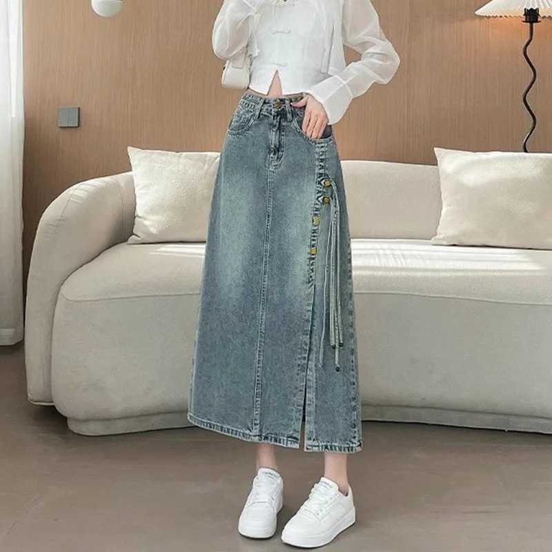 Fashion Side Tie Denim Skirt Ladies Women High Waist Harajuku Korean Style A-line Long Skirt For School Casual Faldas M260316