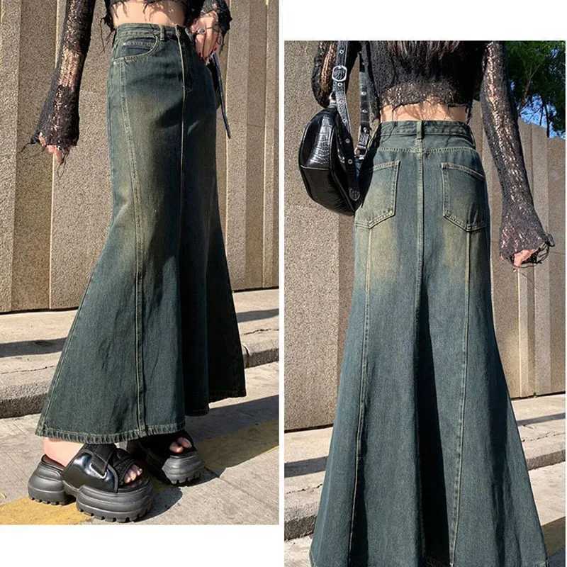 Biyaby Mermaid Denim Skirts Autumn Winter Woman Sexy Bandage Floor-Length Skirt Women Vintage Fashion High Waist Skirts Ladies M260316