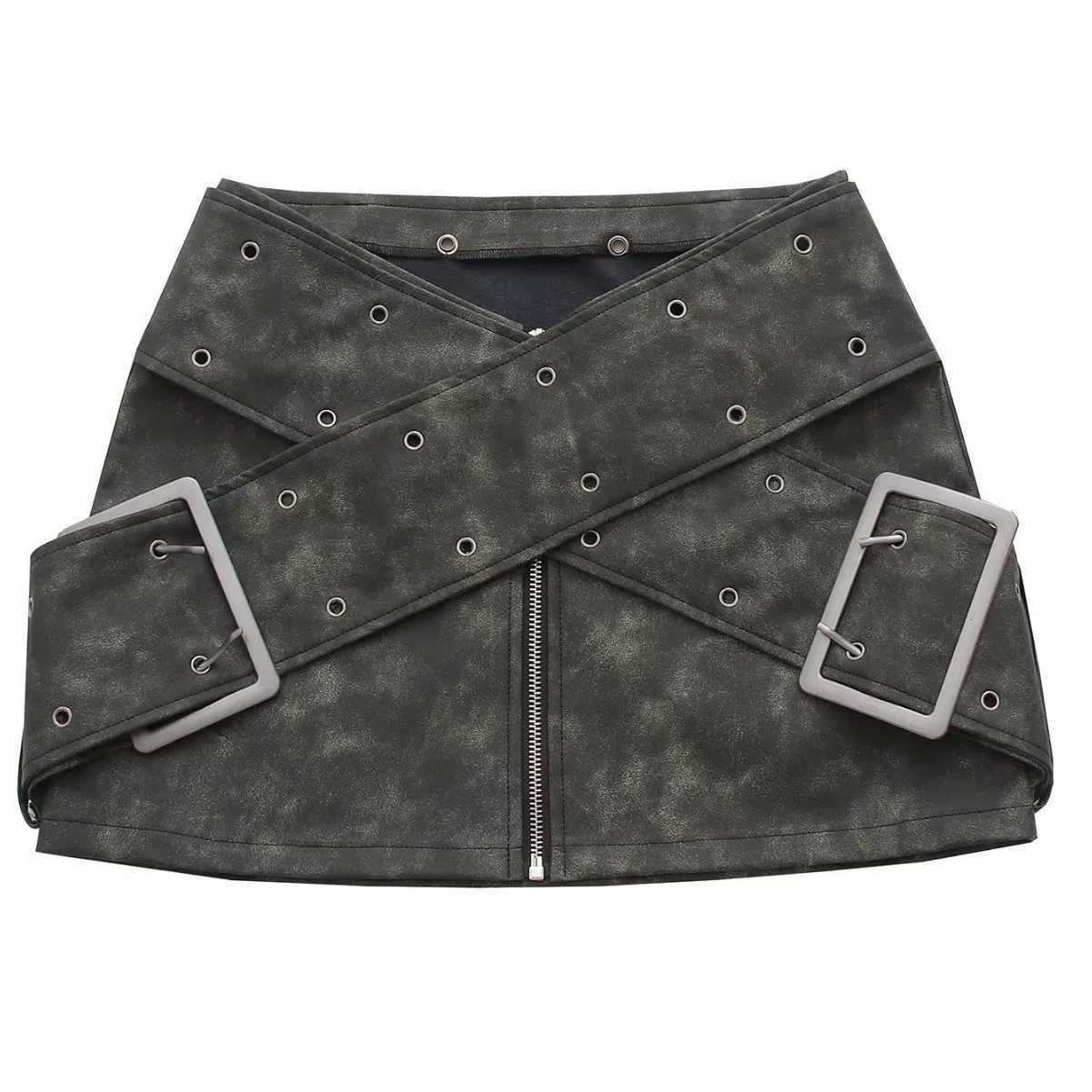 Autumn New Style Personalized Cross Belt Design Middle Ramen V-waist PU Skirt M260316