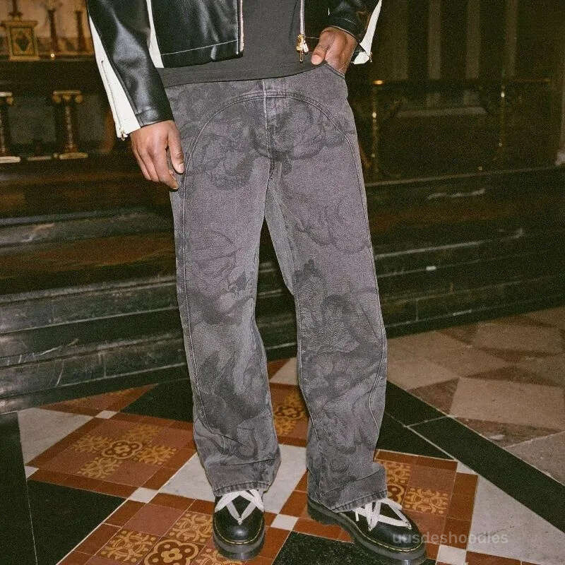 Men's Jeans Vintage Baggy Angel Cupid Pattern Men Women Trousers High Street Hip Hop Streetwear Unisex Casual Straight Leg Men's Clothing
