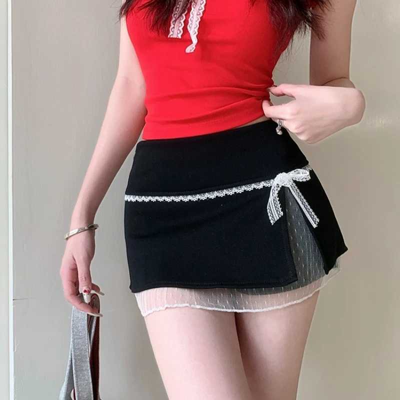 Mini Skirts Women Patchwork Lace Bow Hotsweet Summer A-Line Skirt with Safety Pants Fashion Side Slit Bodycon 2025 Lady Skirts M260316