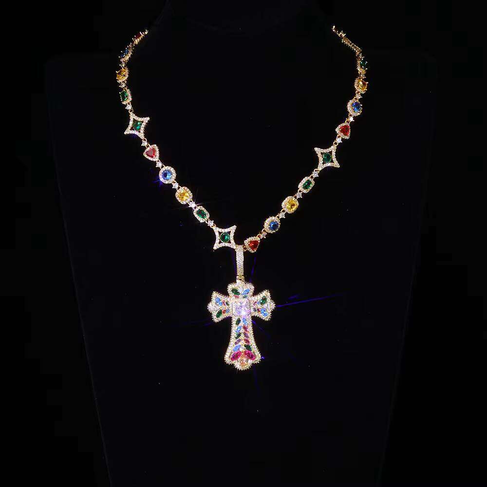 NUOYA Iced Out Colorful Cross Pendant Necklace Gold Plated Large Baguette CZ Diamonds Custom Charm Design Hip Hop Jewelry - view 6