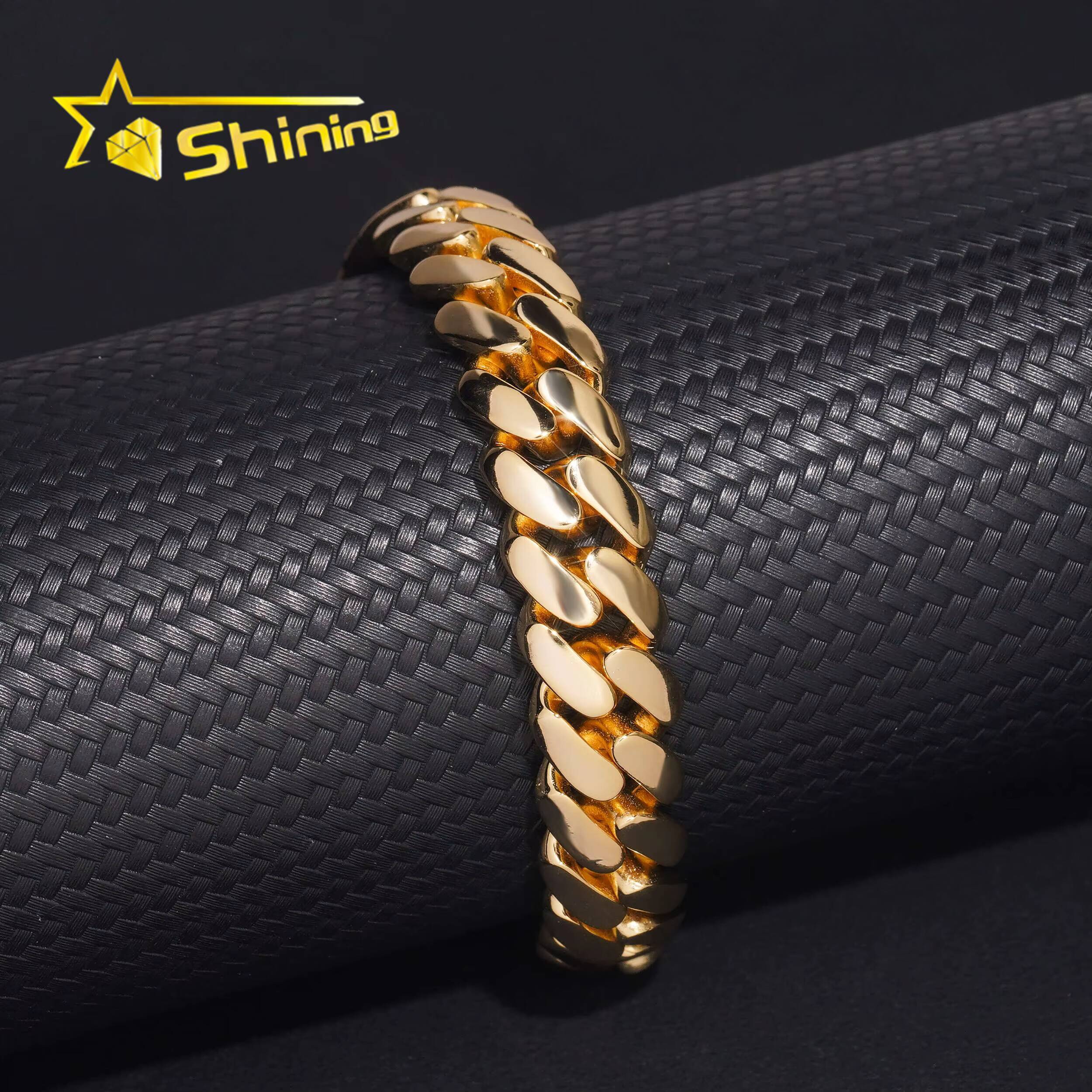 Hip Hop Jewelry Gold Plated 12mm Plain Cuban Bracelet with Moissanite Clasp Custom 925 Silver Bracelet for Men