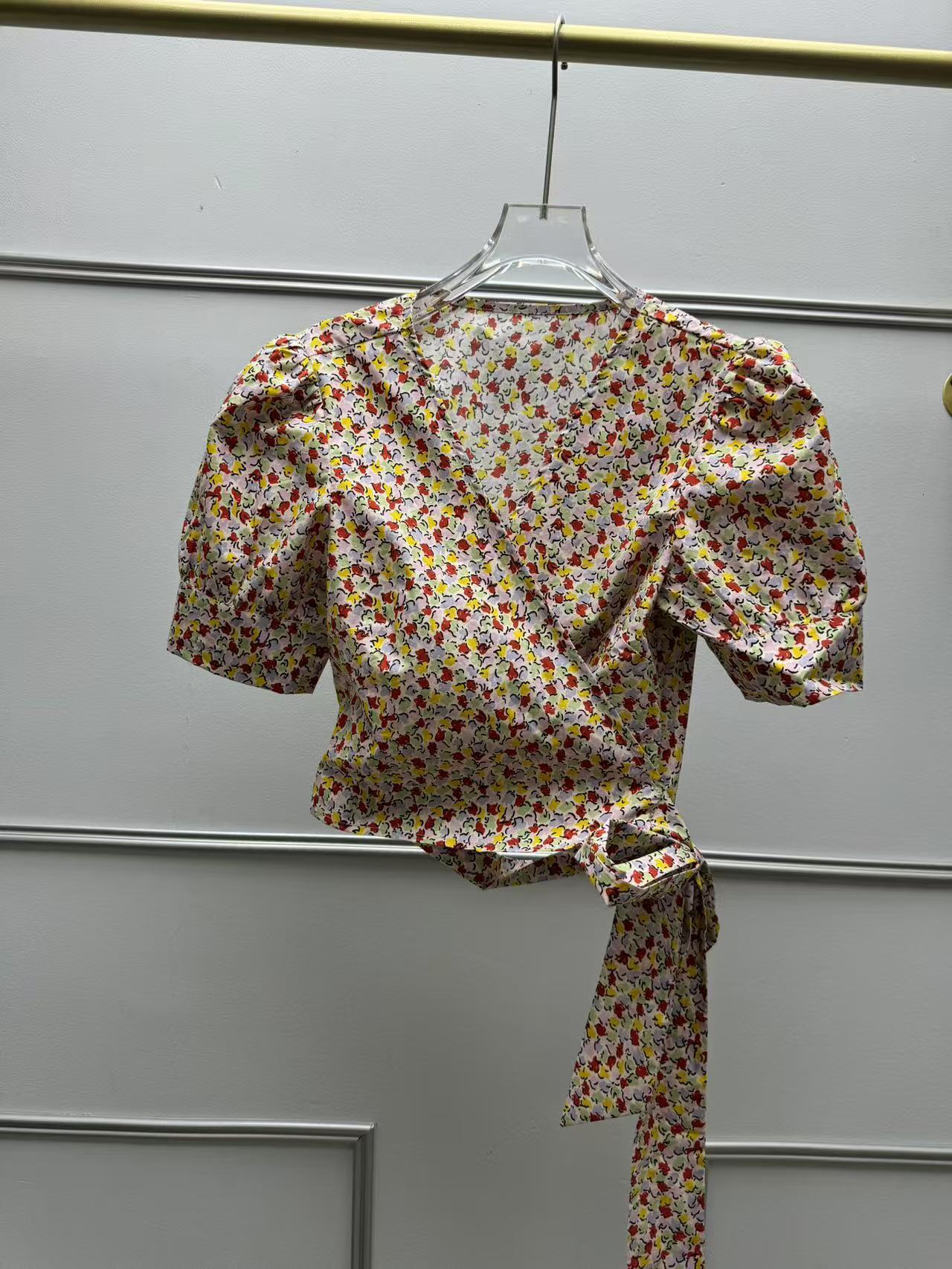 Frenchstyle RO Designer Hoodie New Summer Fshion Pure Cotton Printed Vneck Puff Polo Shirt Sleeve Wrpround Designer Shirt Tie Shirt Short Top