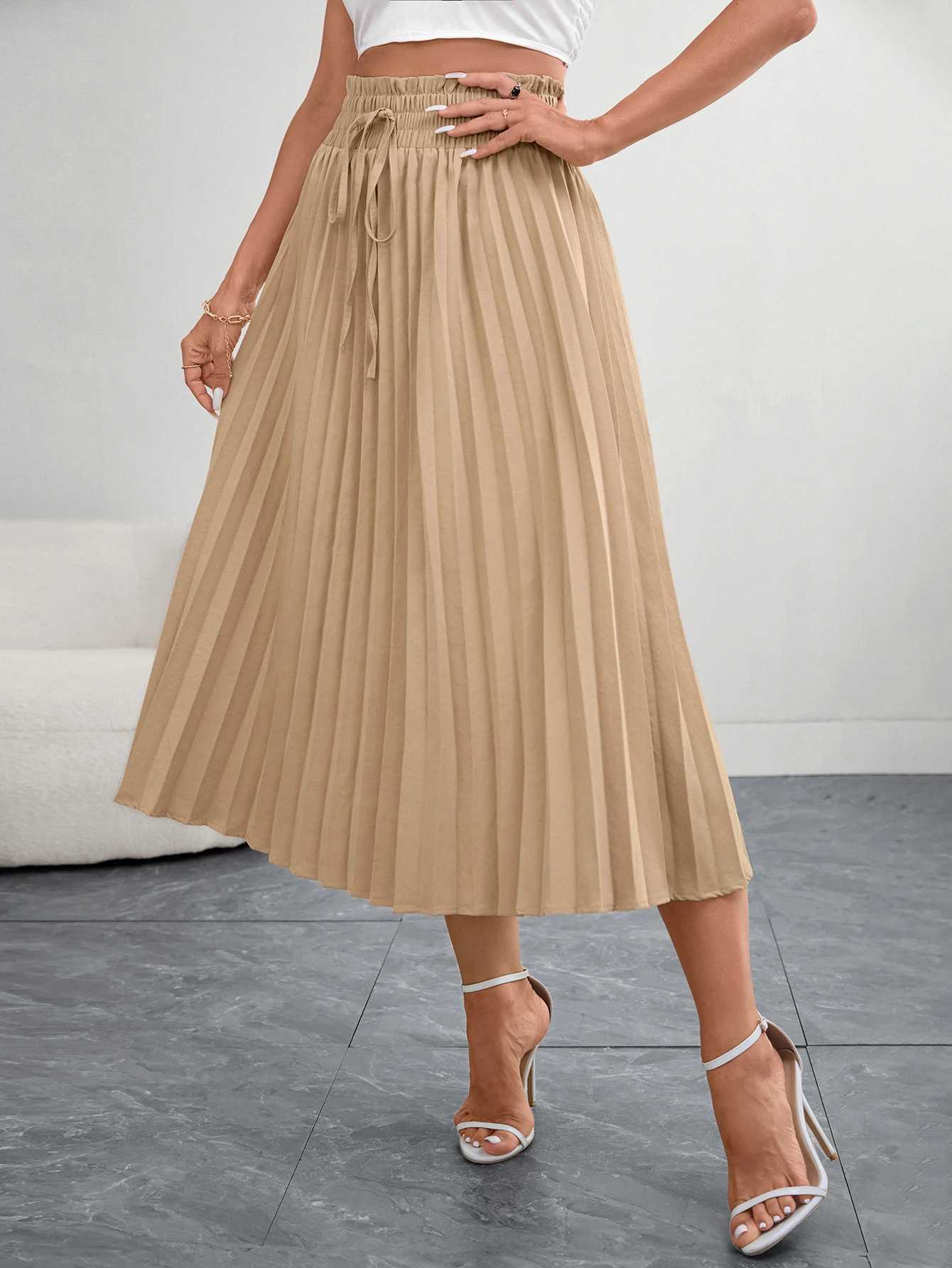 Womens Beige Pleated Midi Skirt Elegant a Line Half Skirt with Elastic Waistband Perfect for Office Wear M260316
