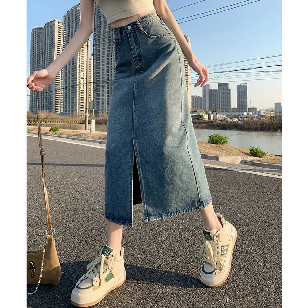 Summer Women High-waist Retro A- line Skirt Pockets Front Slit Washed Blue Denim Skirts Hip-covering Straight Long Jeans Skirt M260316