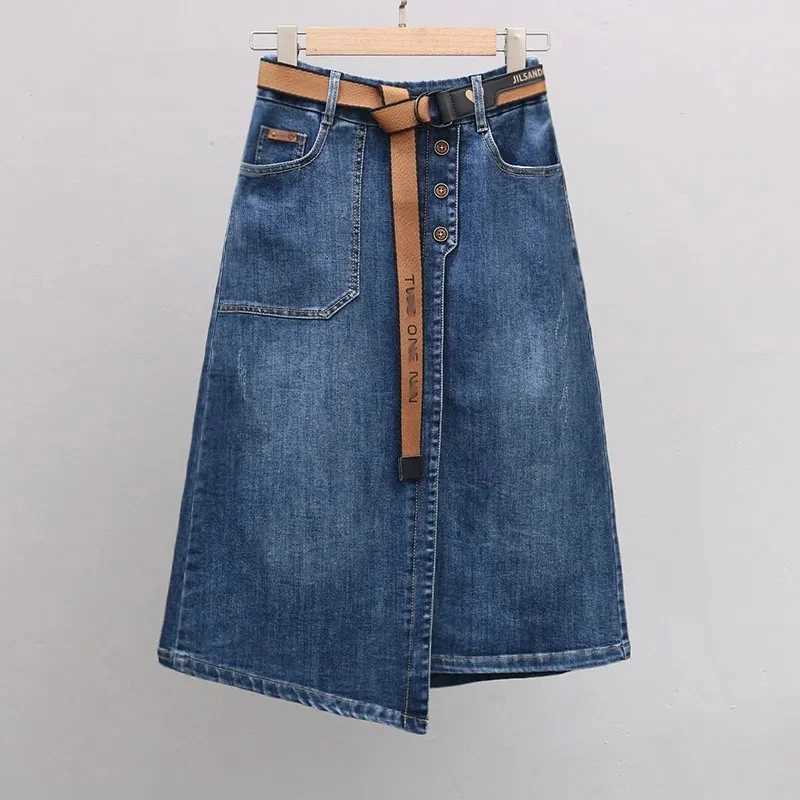 Womens Denim Skirts Spring Summer High-waisted Jeans Skirts Streetwear Female Sexy Sheath Skirts Belt Fashion Split Retro Skirt M260316